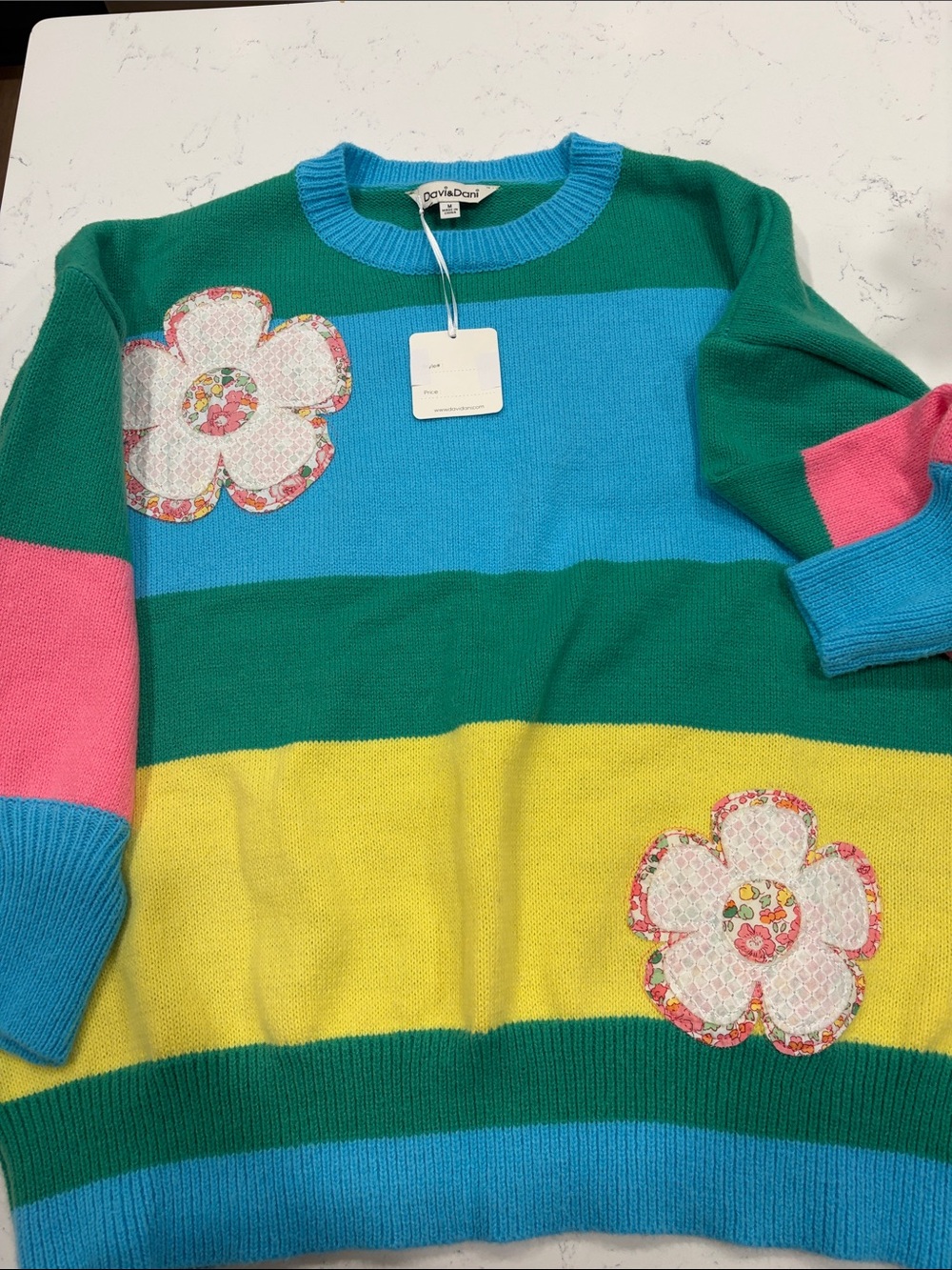 DAVI & DANI Multicolor Striped Crewneck Sweater with Flower Appliqués